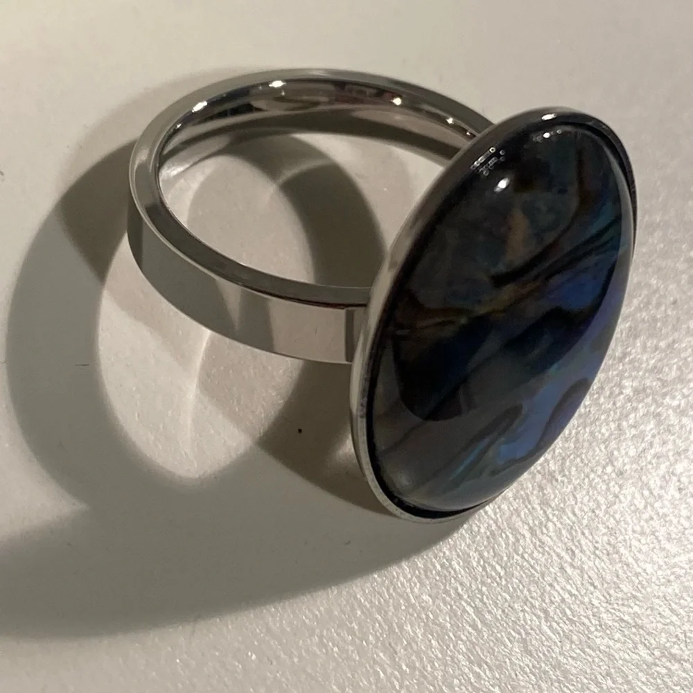 NEW Oversized Abalone Statement Ring Silver Boho Iridescent Shell Jewelry GIFT